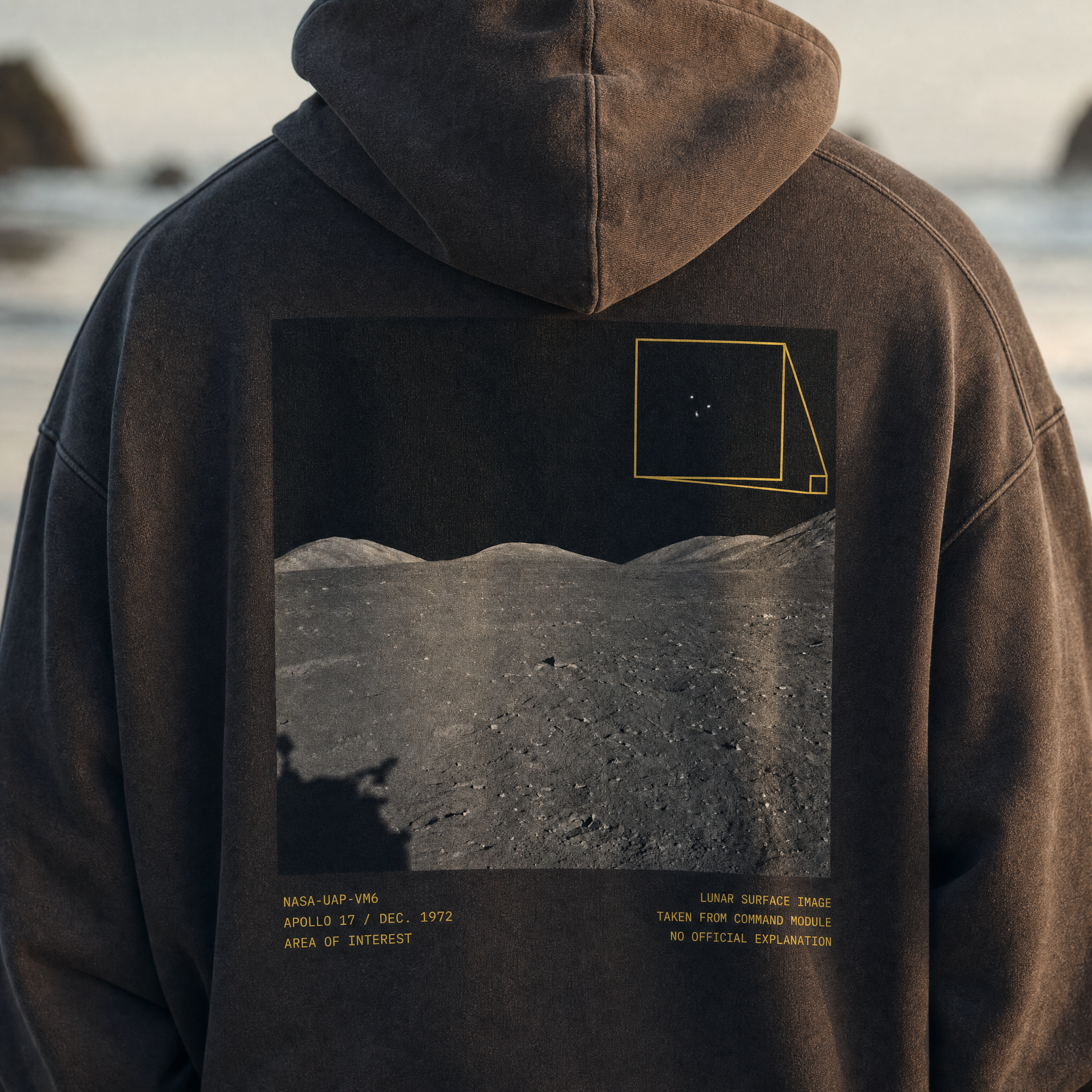 Apollo 17 Hoodie - lunar surface back print detail, cinematic