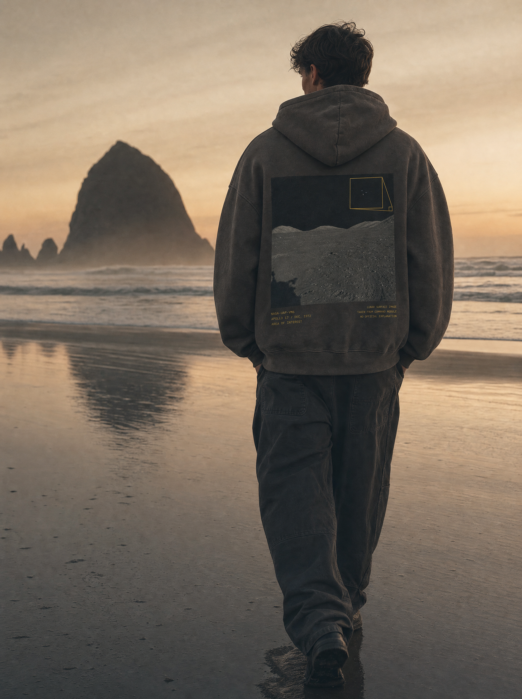 Apollo 17 Hoodie - wide environmental shot, beach dusk