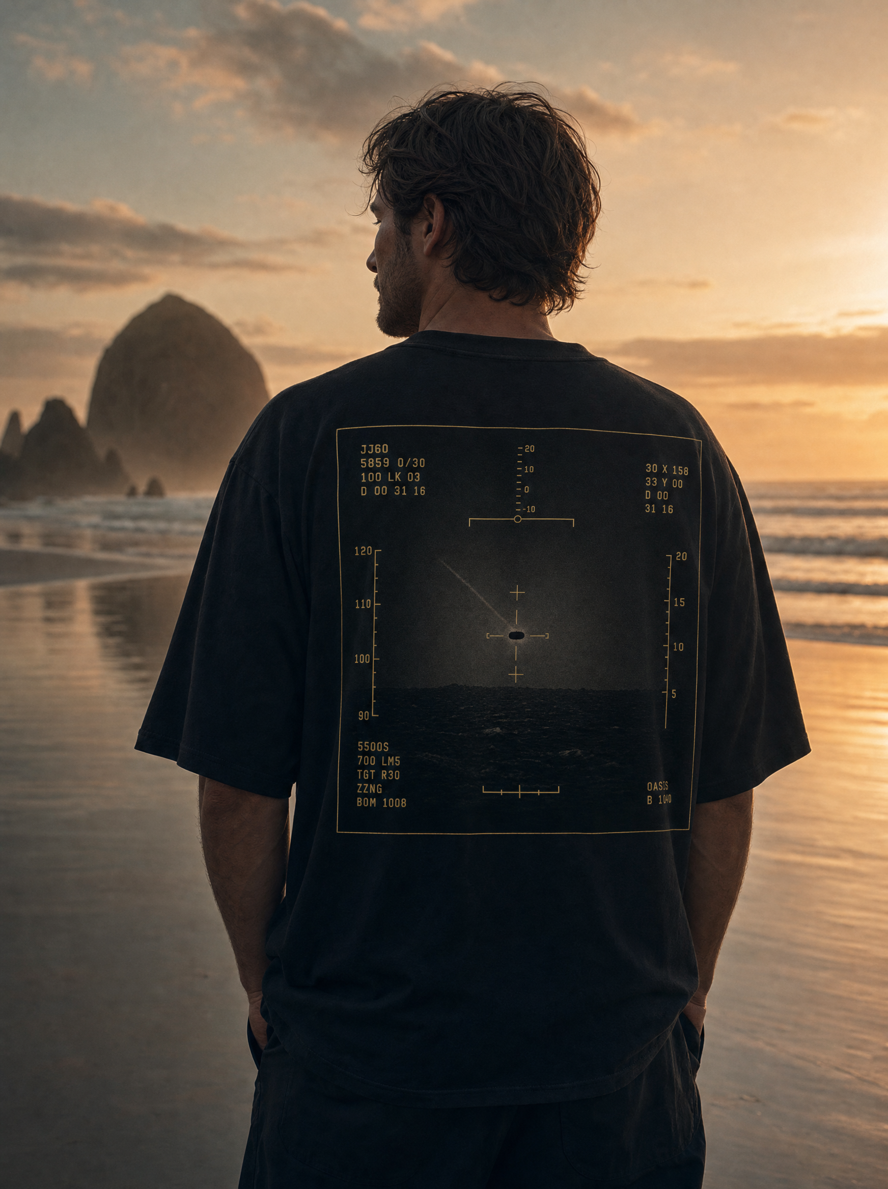 Tic Tac Edition Tee - model on Cannon Beach at sunset, FLIR HUD back print, cinematic