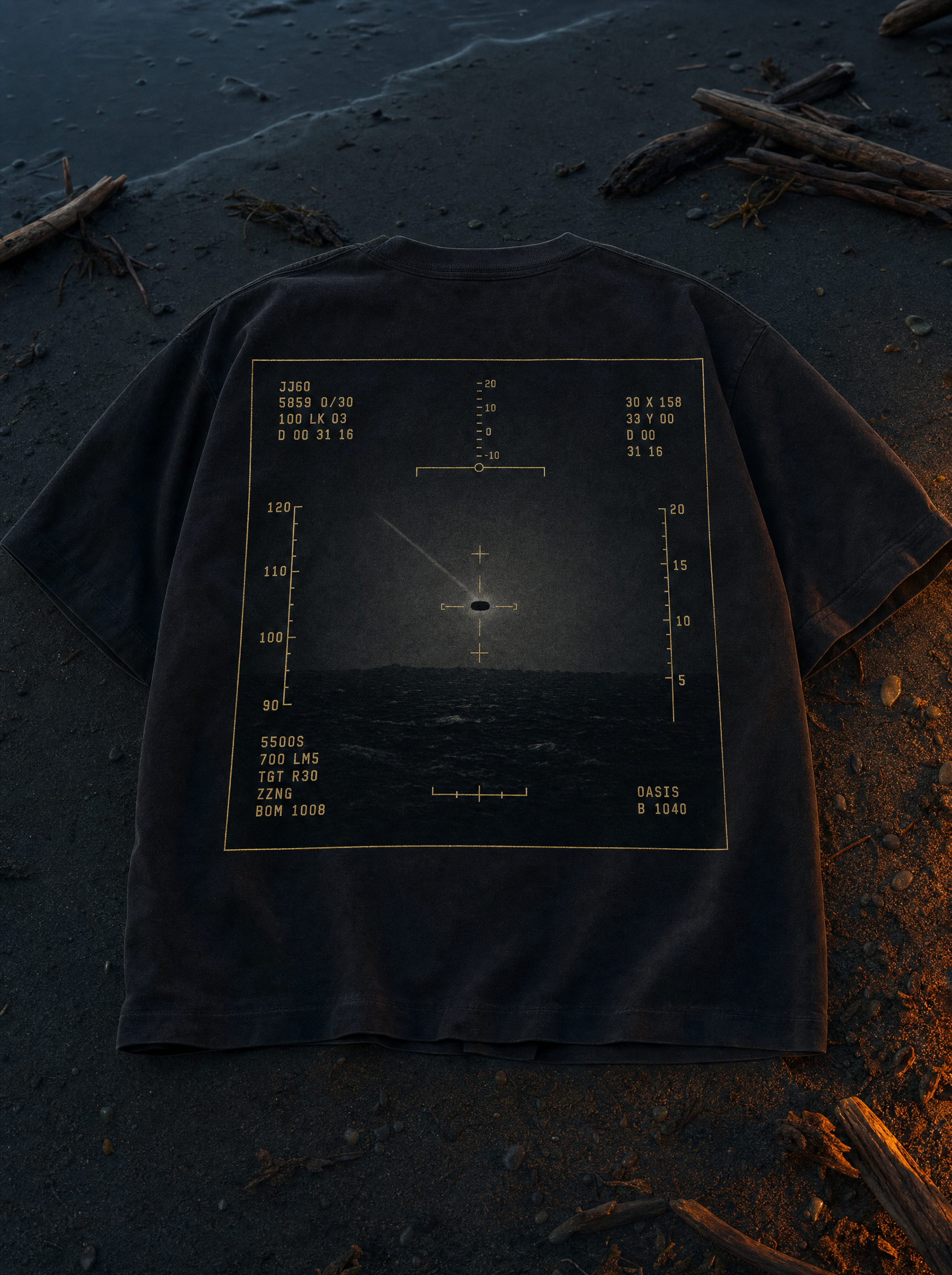 Tic Tac Edition Tee - flat lay on beach sand at twilight