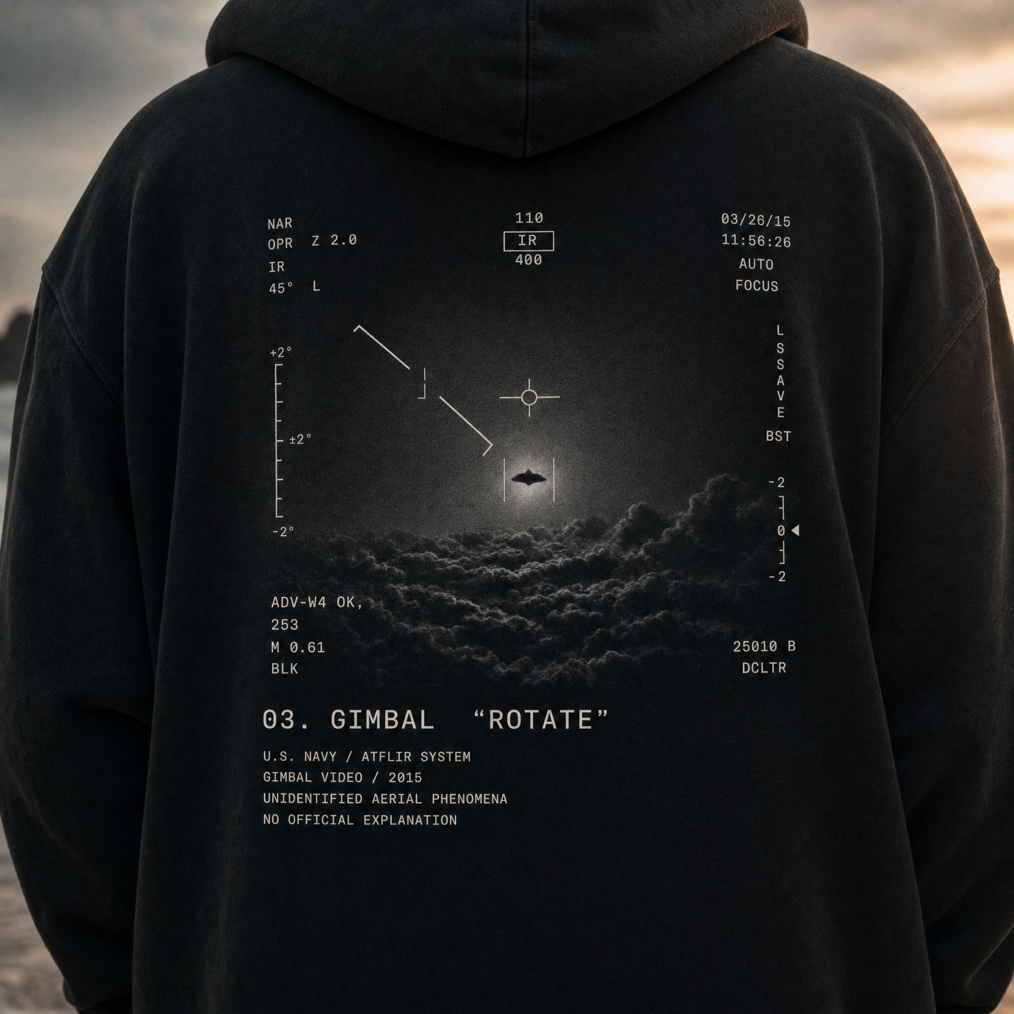 Gimbal UAP Hoodie - ATFLIR HUD back print detail, cinematic