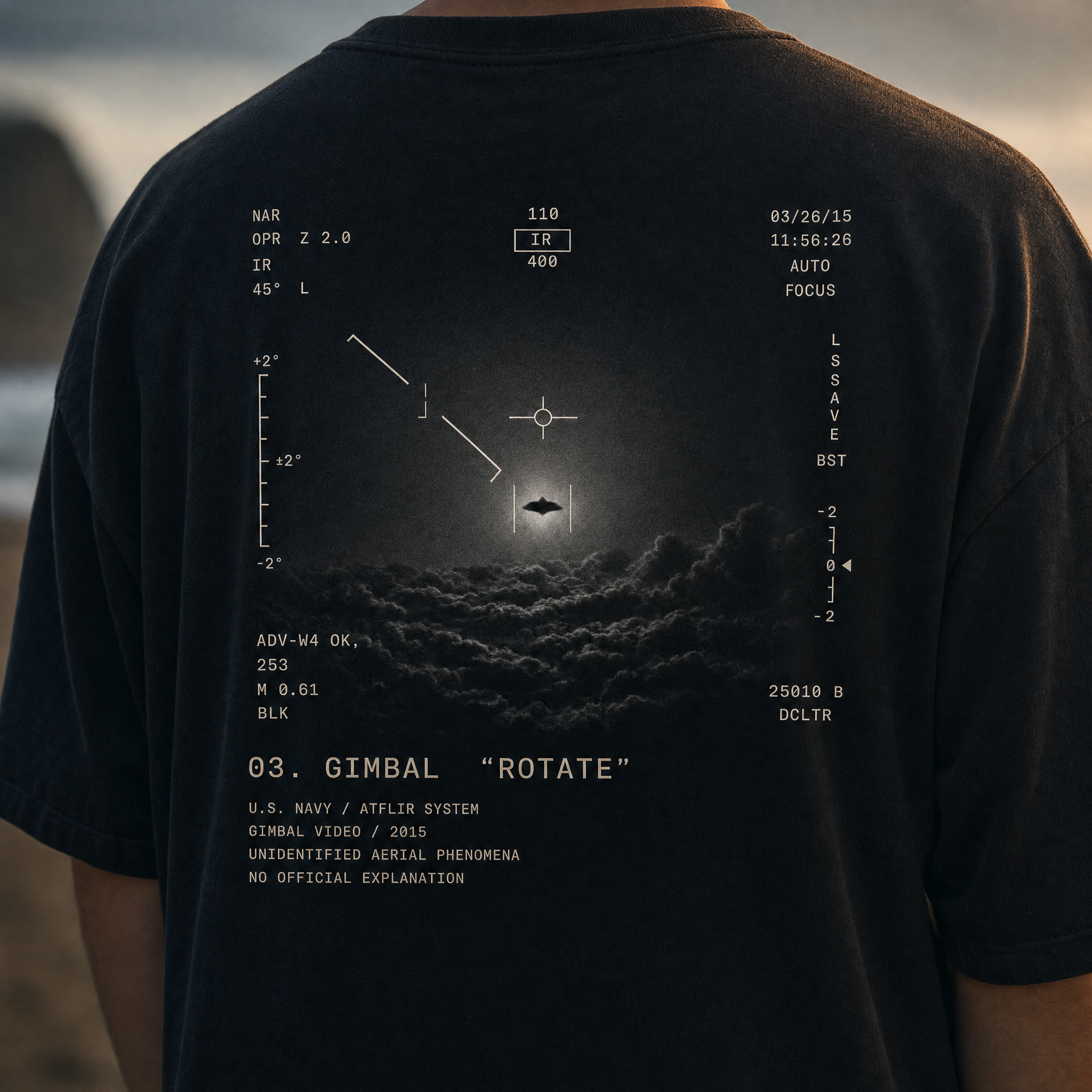 Gimbal UAP Tee - ATFLIR HUD back print detail, cinematic