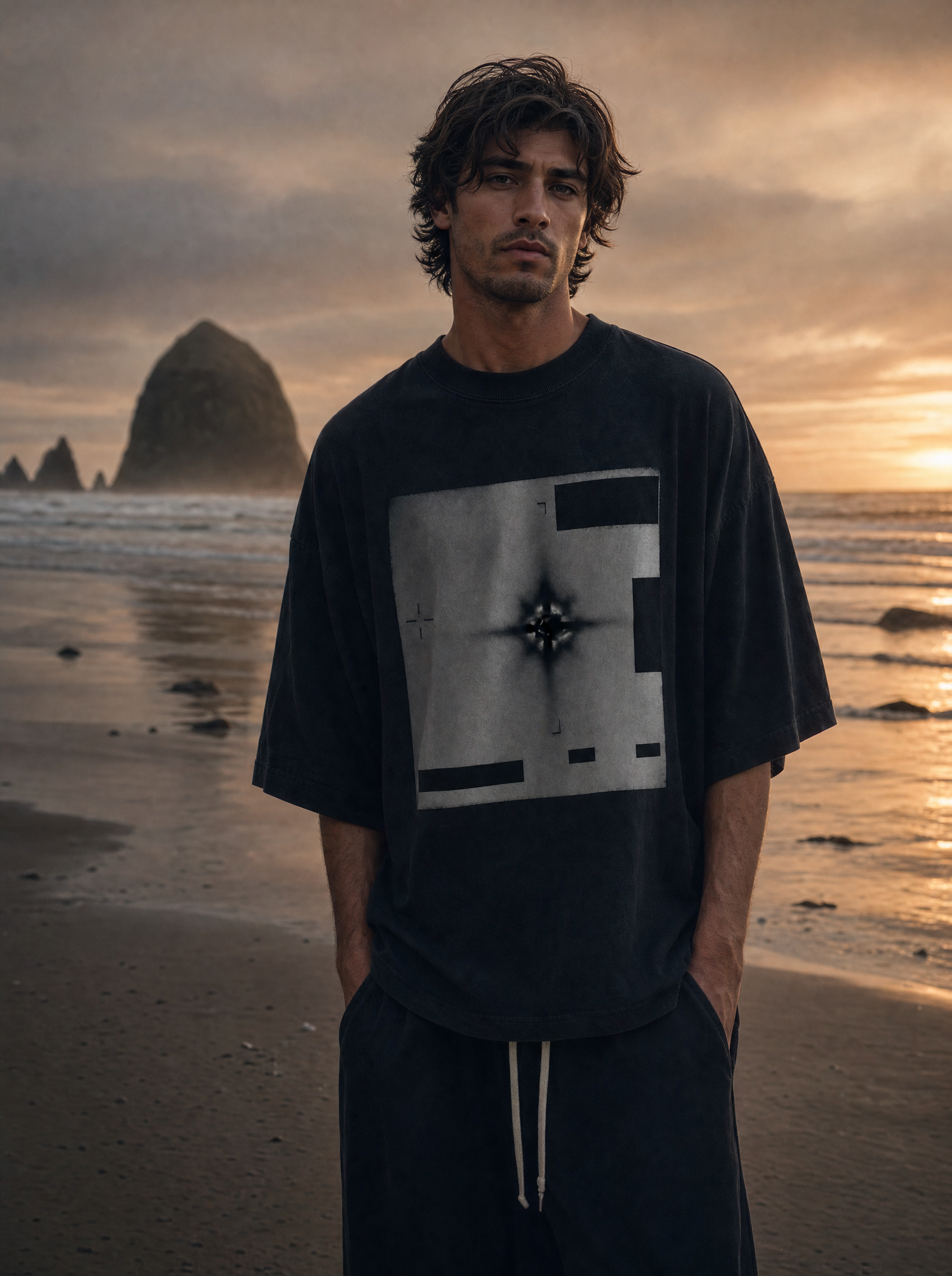 UFO Disclosure Tee Radar Edition - model on Pacific Northwest beach at sunset, cinematic
