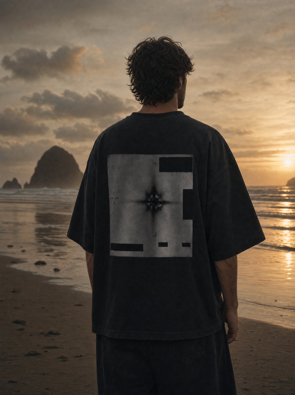 Radar Edition tee back print - model on beach, cinematic