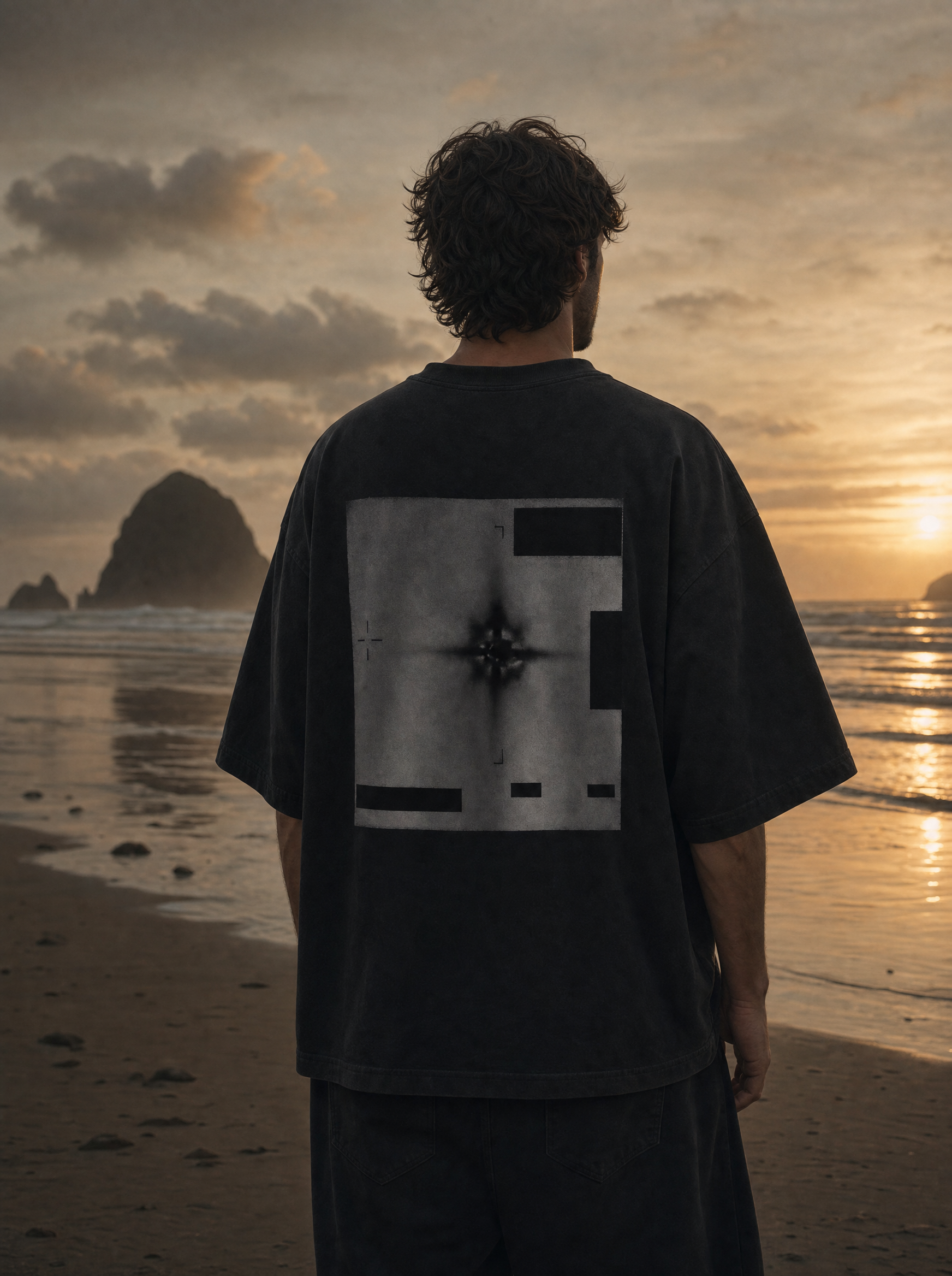 Radar Edition tee back print - model on beach, cinematic