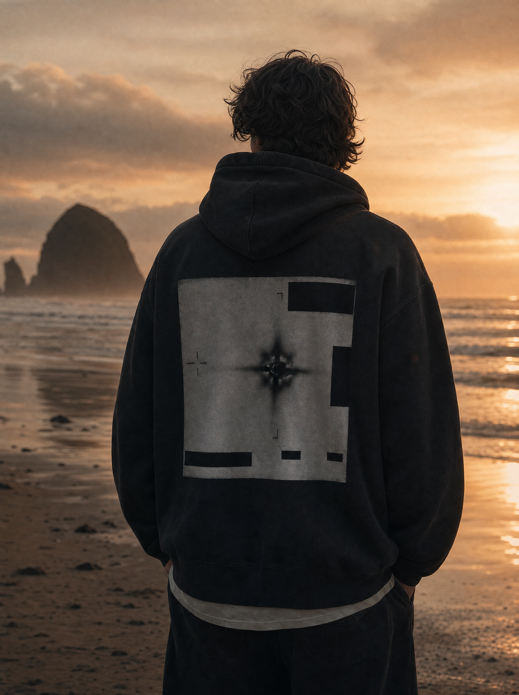 Radar Edition hoodie back print - model on beach, cinematic