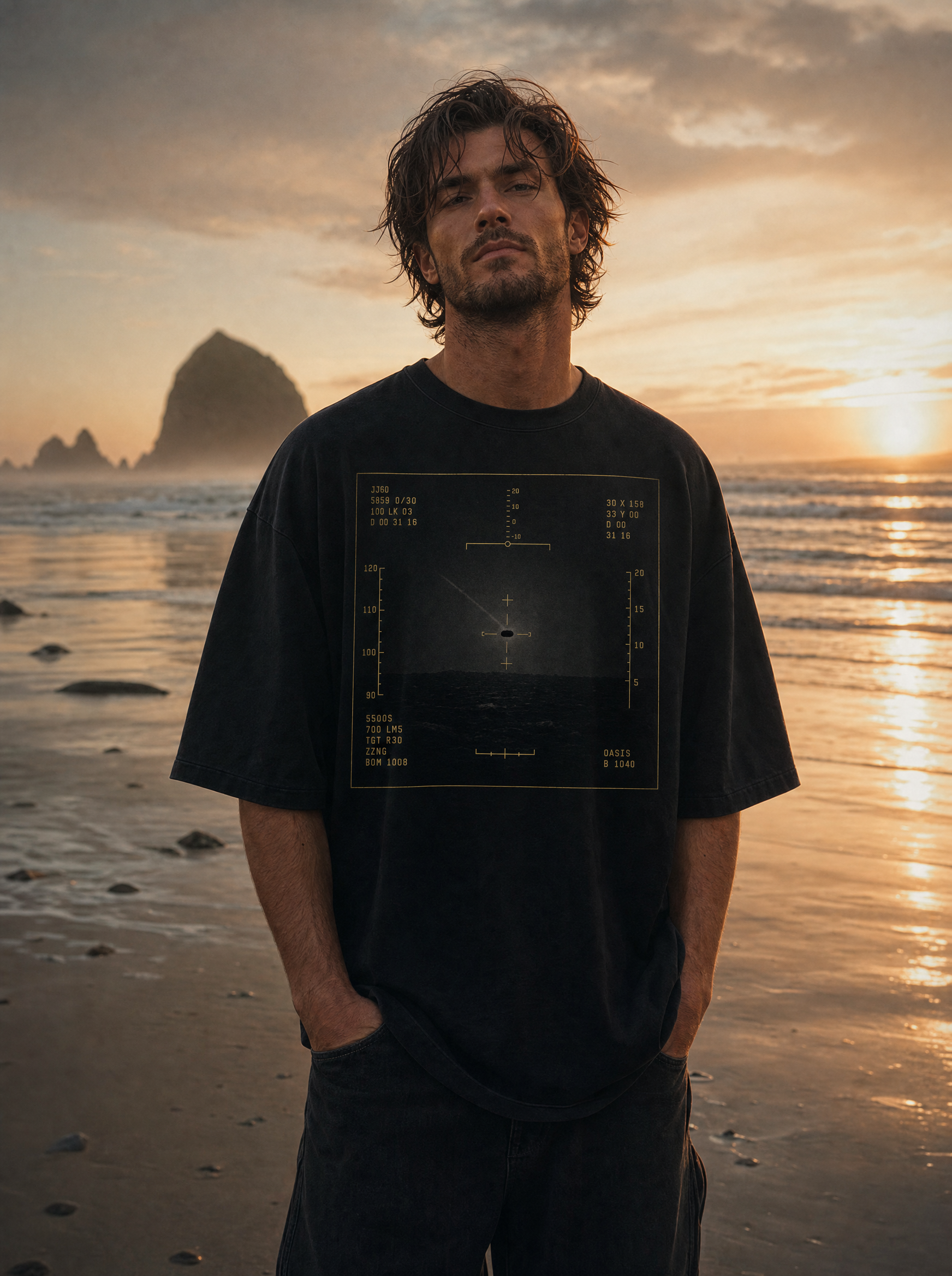 Tic Tac Edition tee front print - model on beach, cinematic