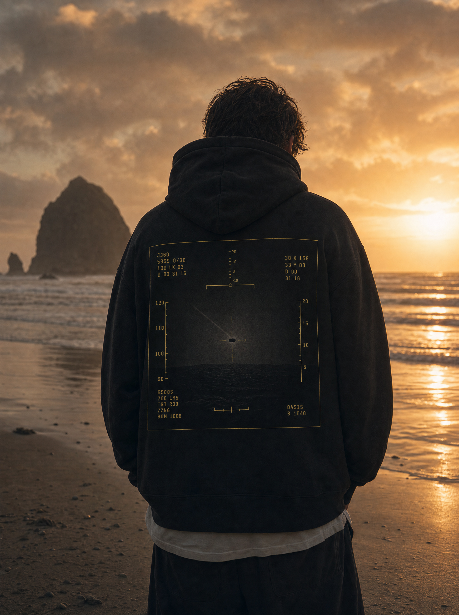 Tic Tac Edition hoodie back print - model on beach, cinematic