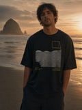 Apollo 17 tee front print - model on beach, cinematic