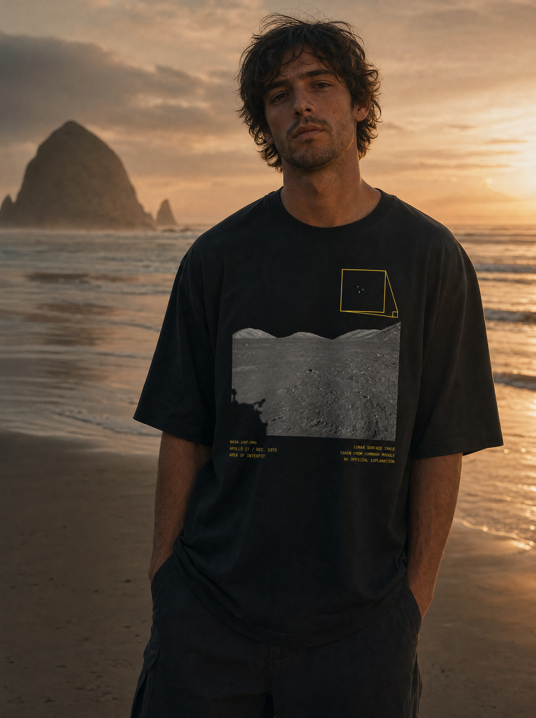 Apollo 17 tee front print - model on beach, cinematic