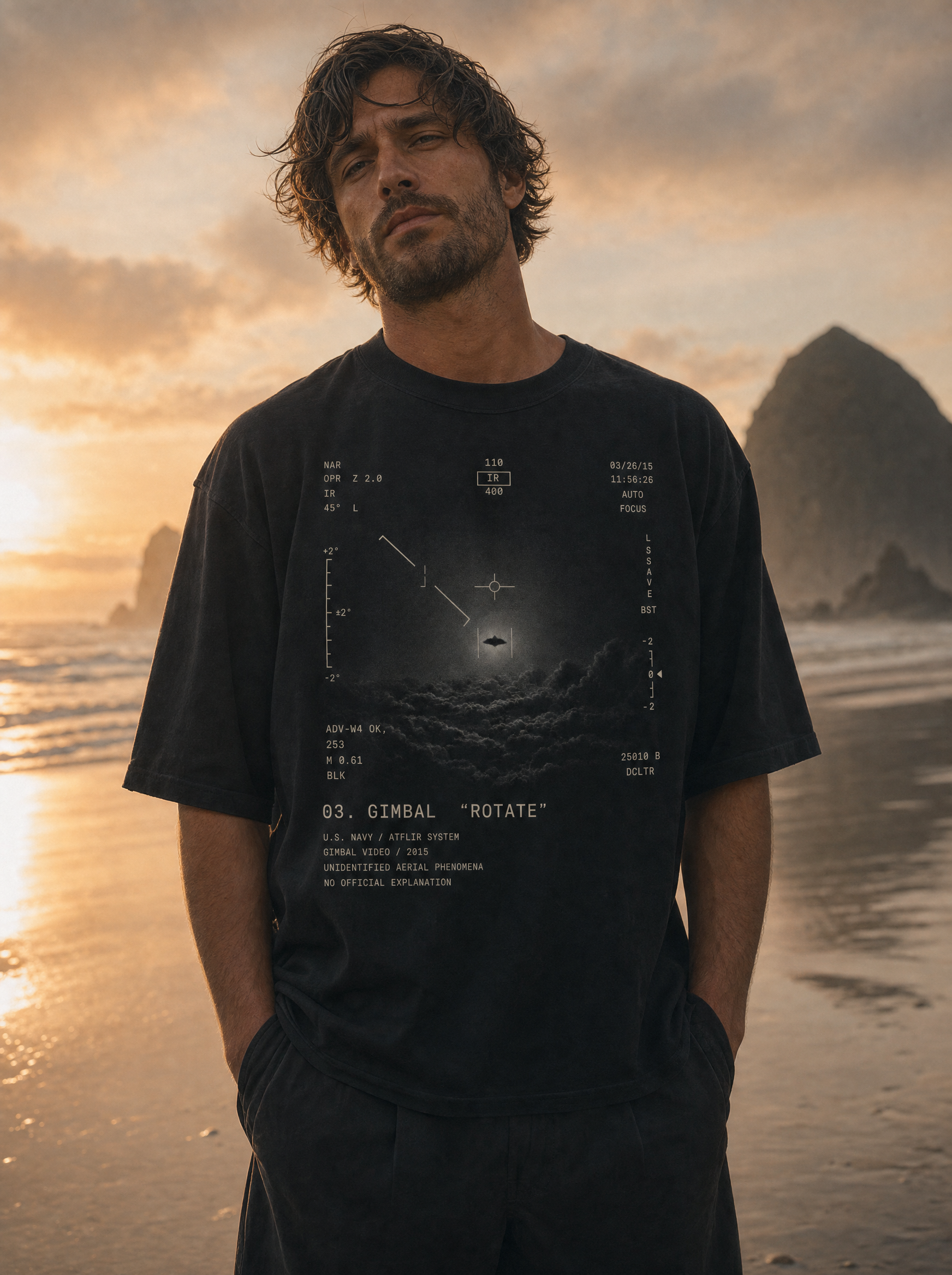 Gimbal UAP tee front print - model on beach, cinematic