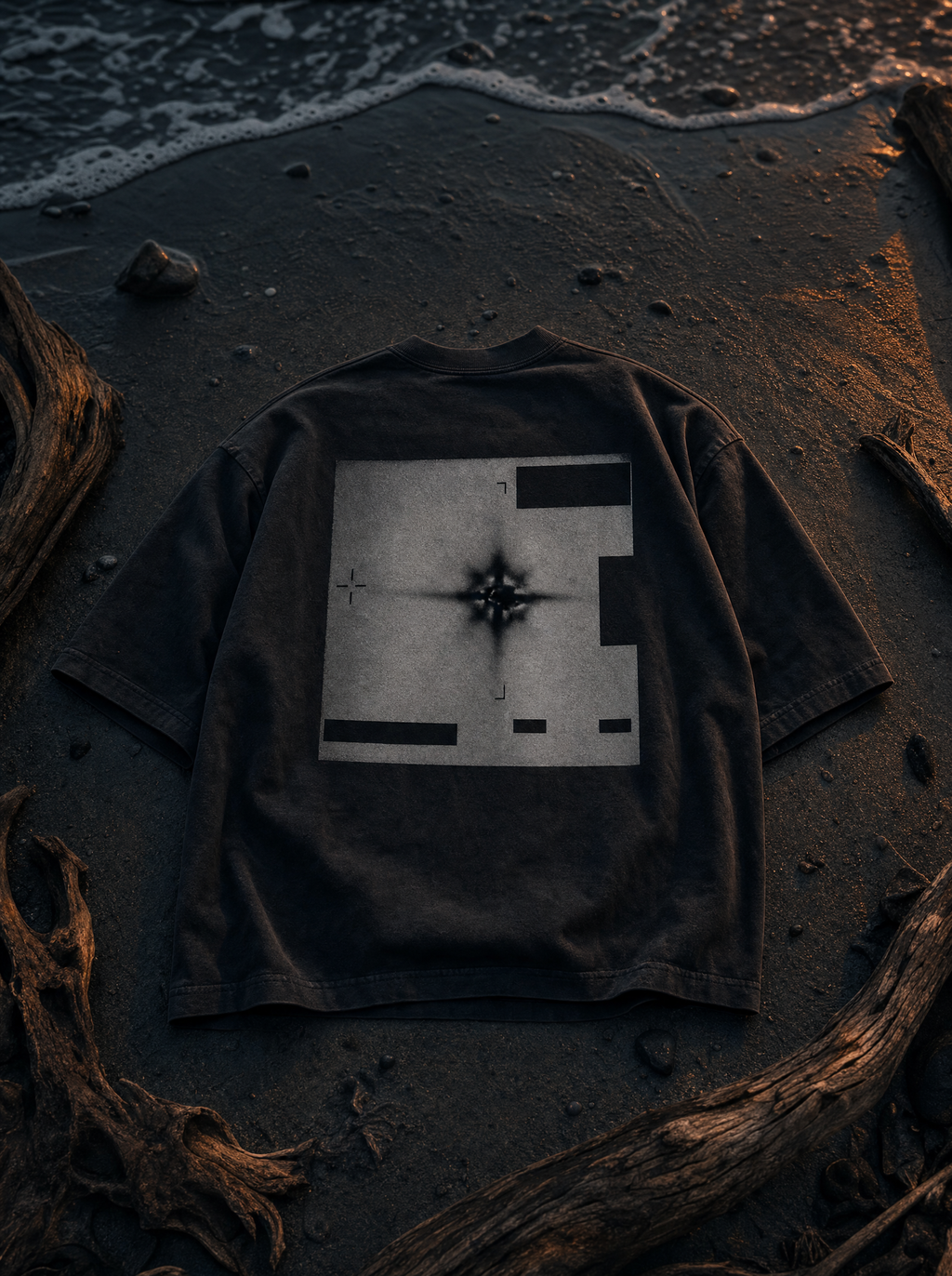 Radar Edition tee back print - flat lay twilight beach