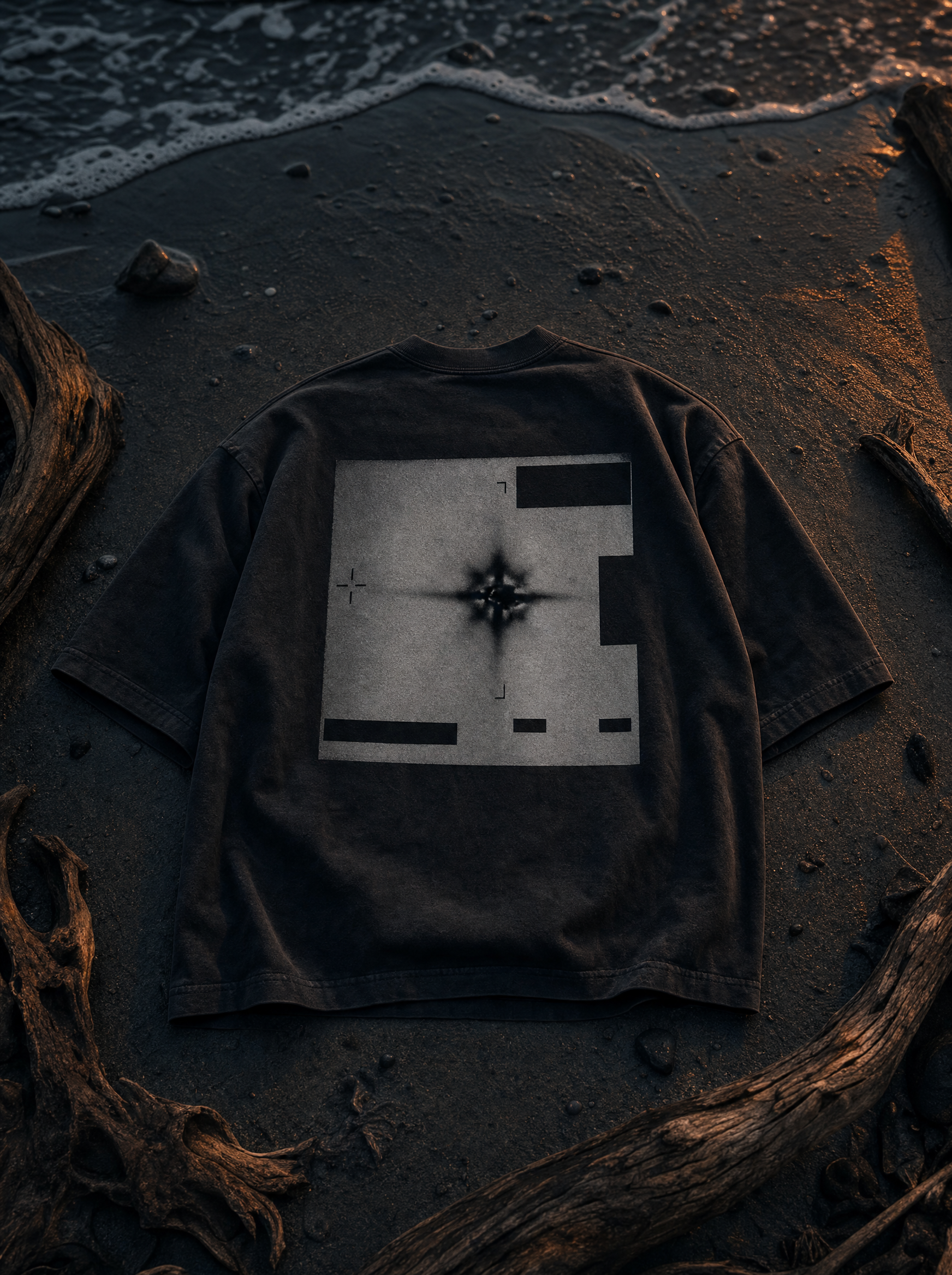 Radar Edition tee back print - flat lay twilight beach