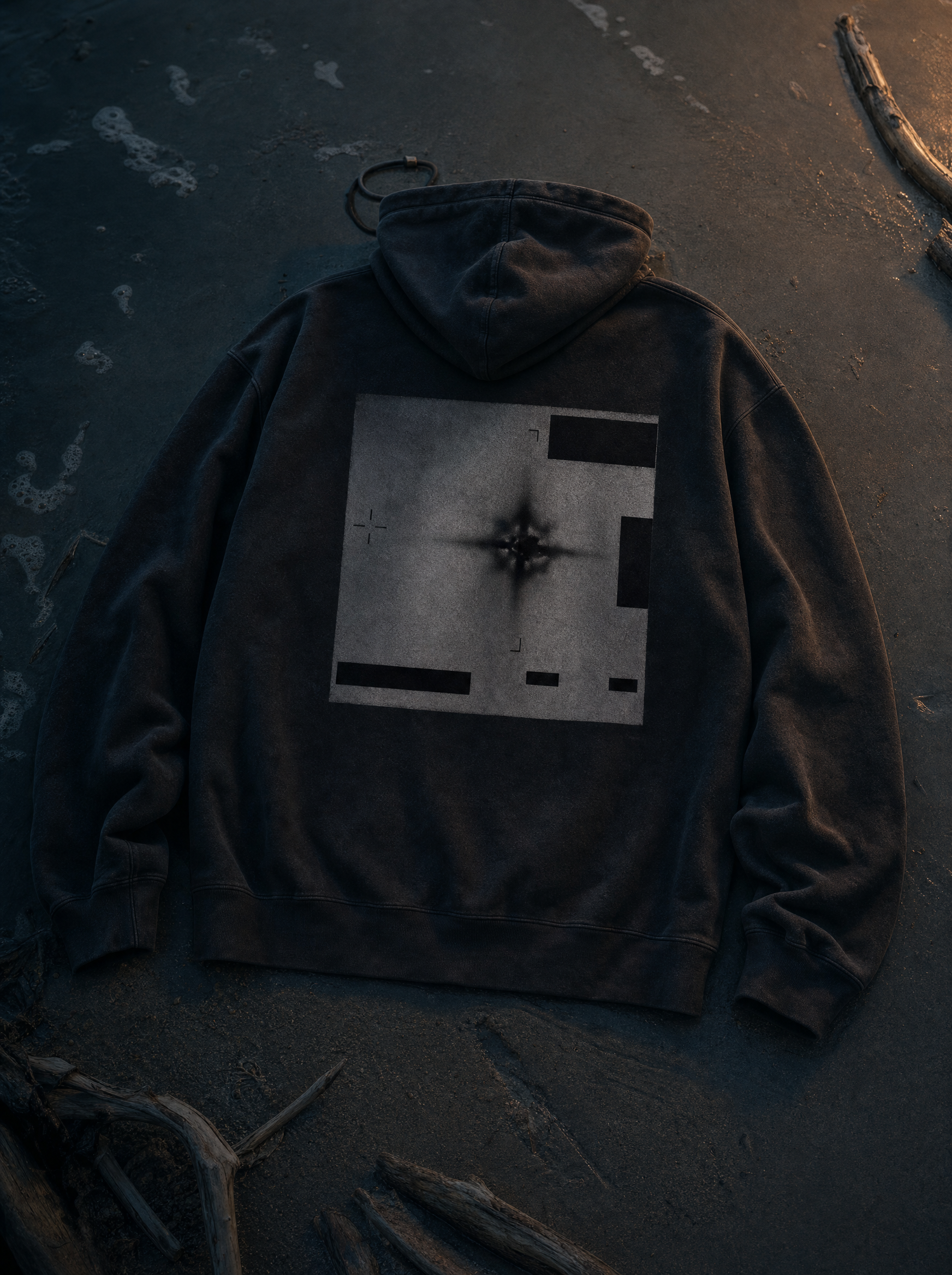 Radar Edition hoodie back print - flat lay twilight beach
