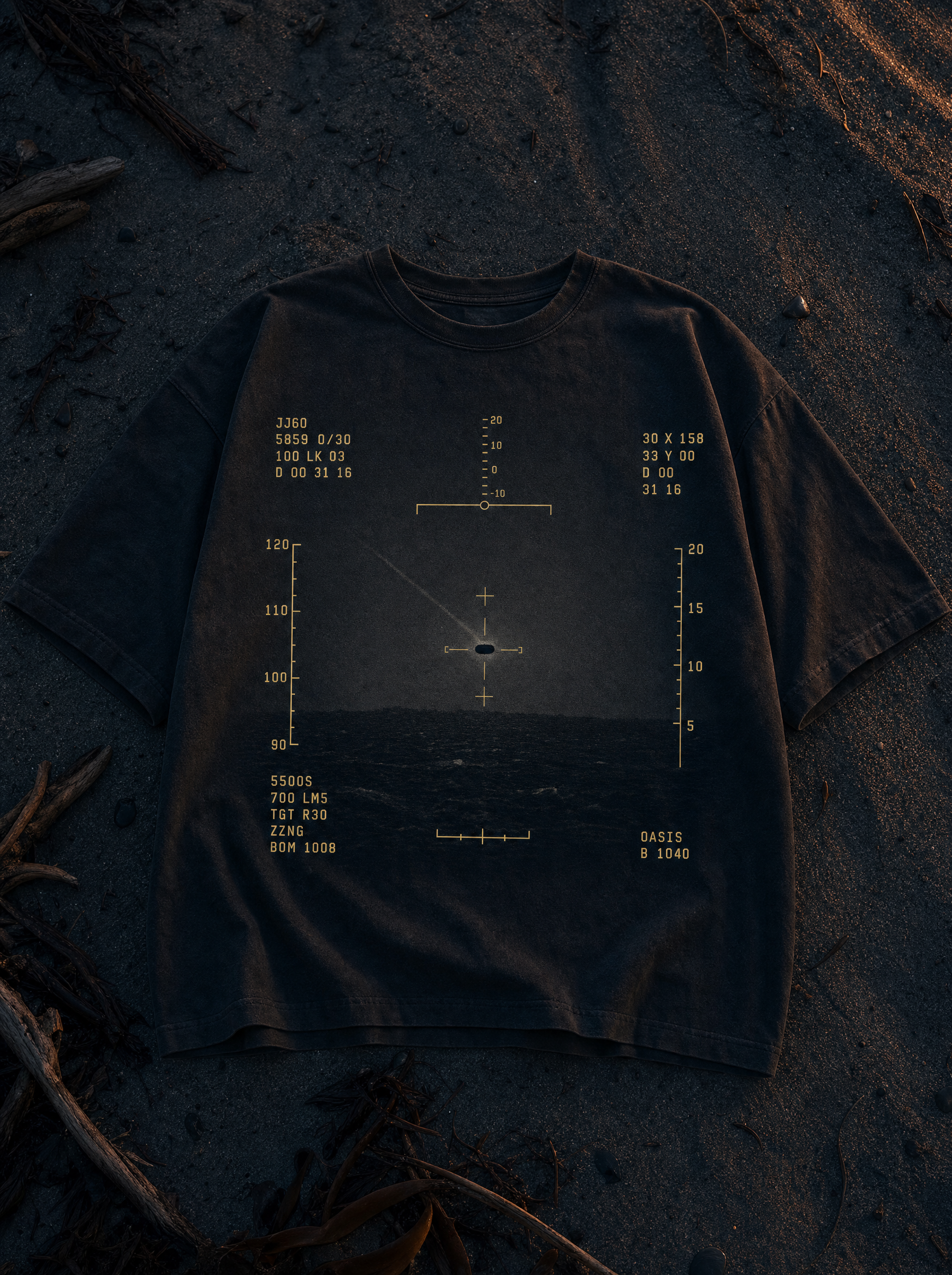 Tic Tac Edition tee front print - flat lay twilight beach