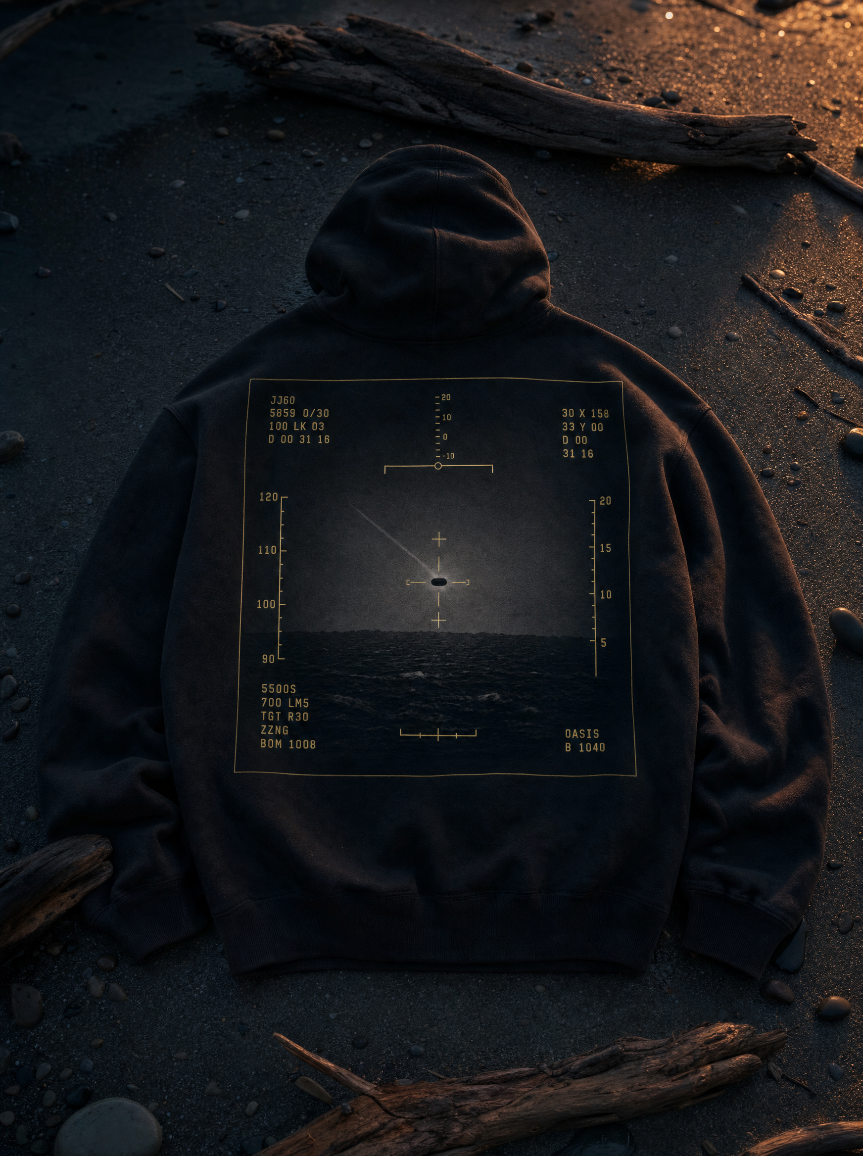Tic Tac Edition hoodie back print - flat lay twilight beach