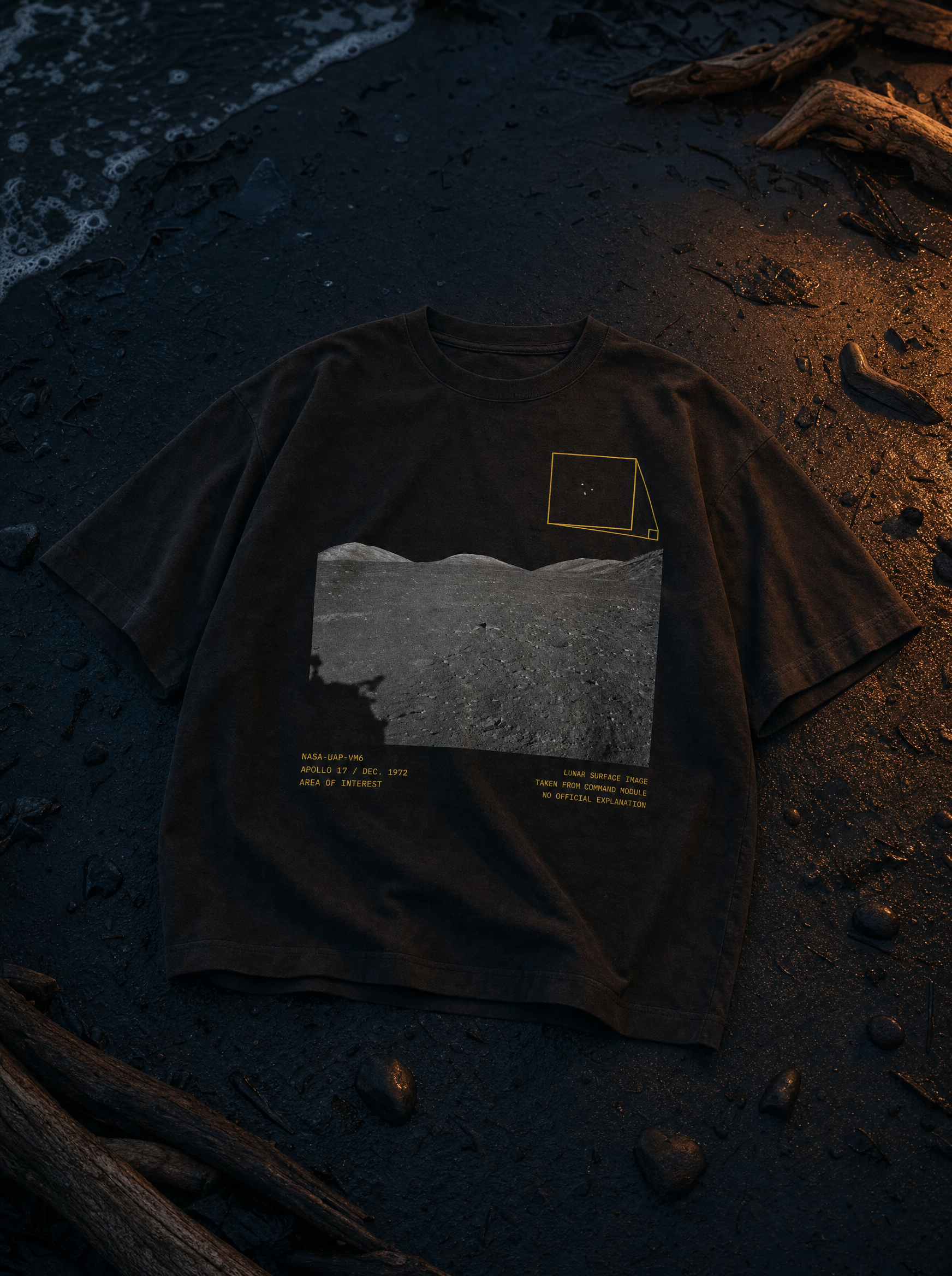 Apollo 17 tee front print - flat lay twilight beach