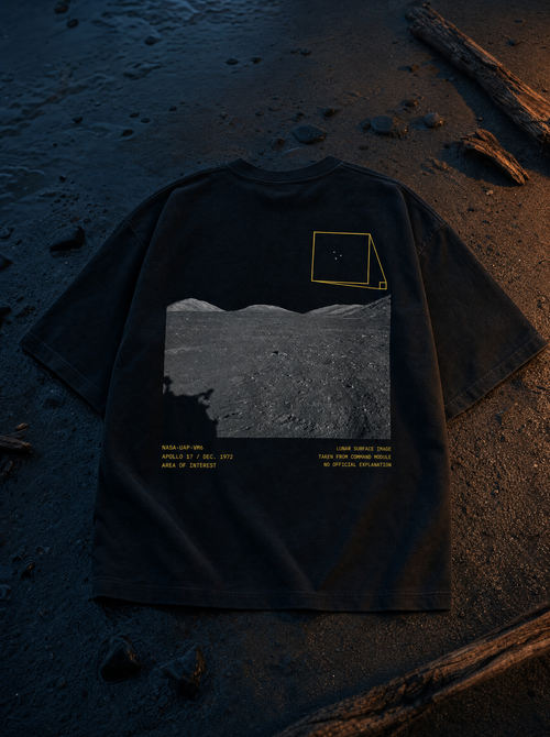Apollo 17 tee back print - flat lay twilight beach