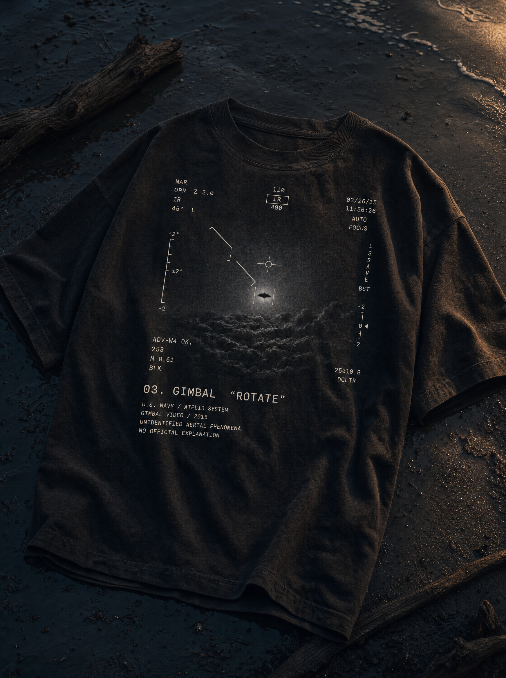 Gimbal UAP tee front print - flat lay twilight beach